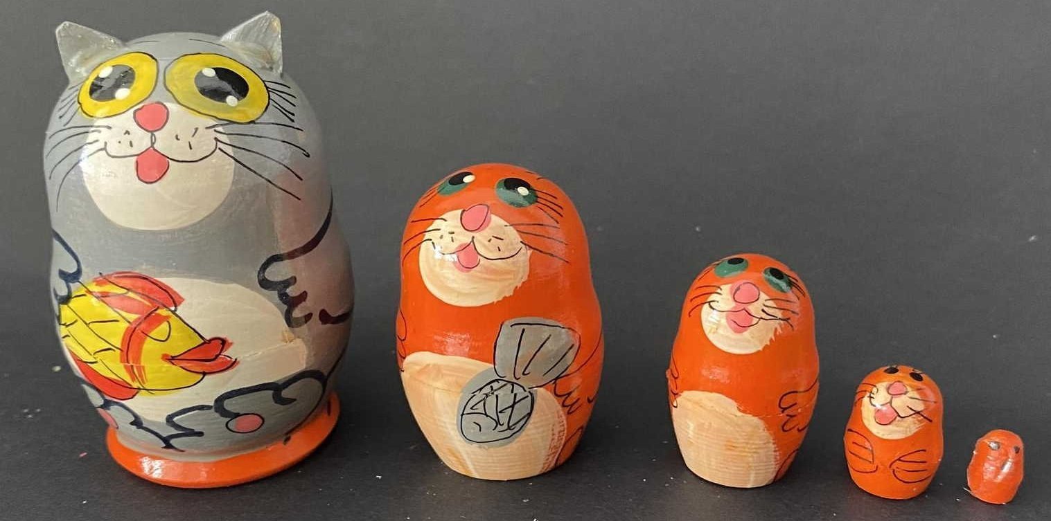 Miniature Comic Cat with fish Nesting Dolls – 5 Nested Set - 55mm