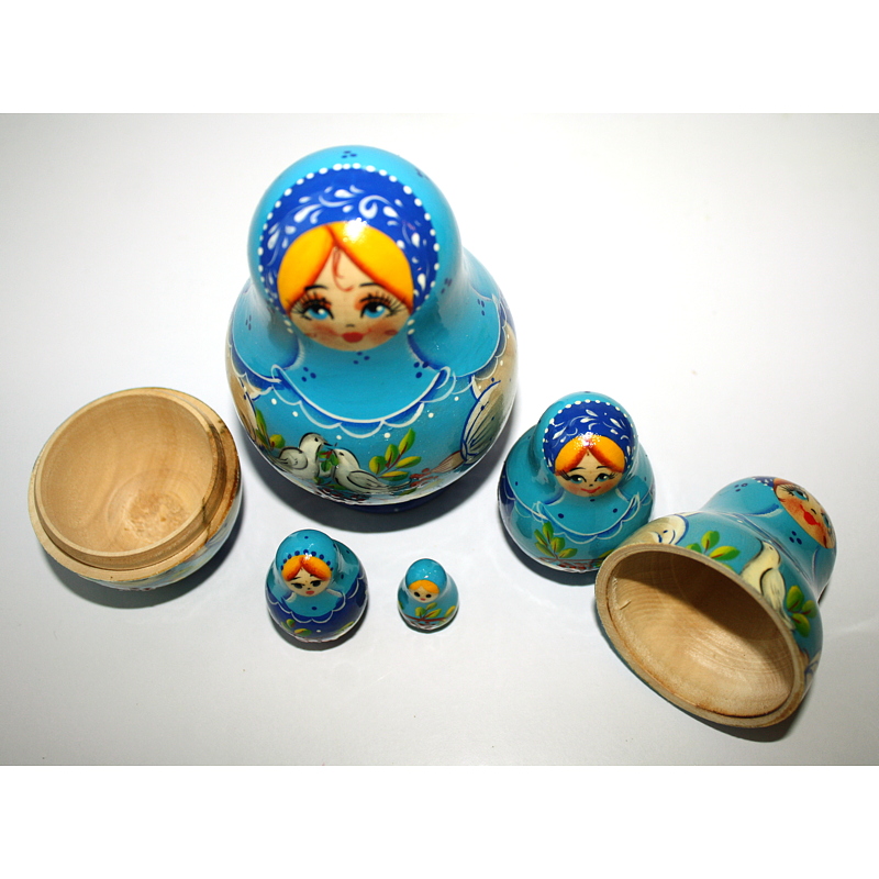 A 5 Nested set of Artists Matryoshka, Pink woman with two Doves