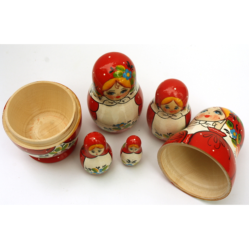 A 5 Nested set of Artists Matryoshka, Red w flower/apron