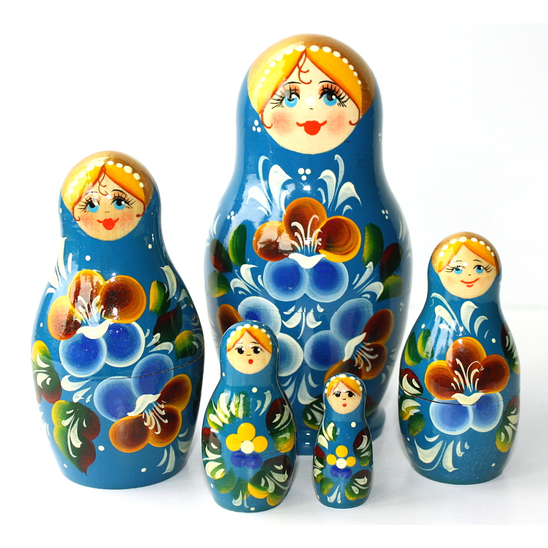 A 5 Nested set of Artists Matryoshka, Blue Girl w'flowers