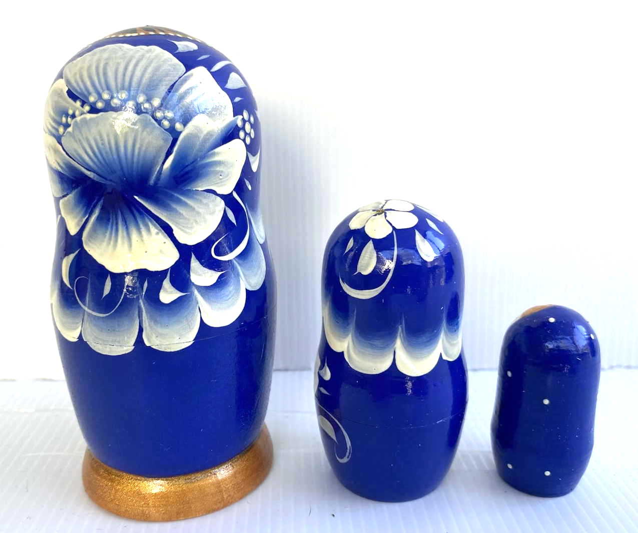 Cobalt Blue Gzhel-Style Matryoshka – 3 Nested Set