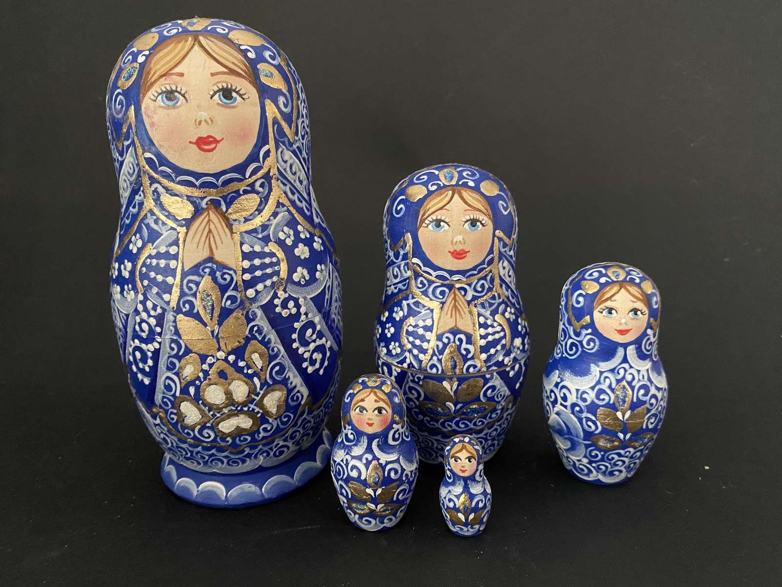 Morozova Blue & Gold Floral Nesting Dolls - 5 Nested Set