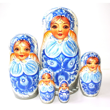 A 5 Nested Set of Matryoshka,  Young girl, hand under chin PBlue