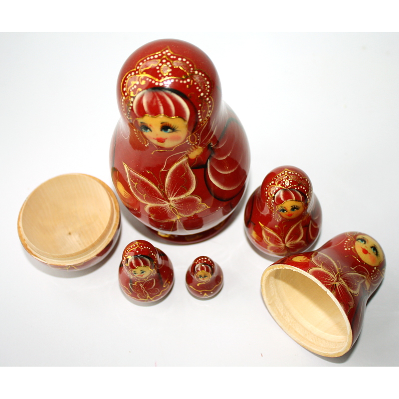A 5 Nested set of Artists Matryoshka, crimson girl with butterfly