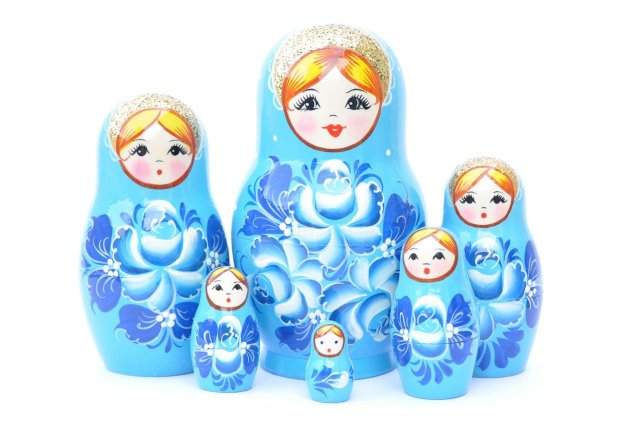 Vyatka Matryoshka - Artists 6 Nested Pale blue with blue and white flowers