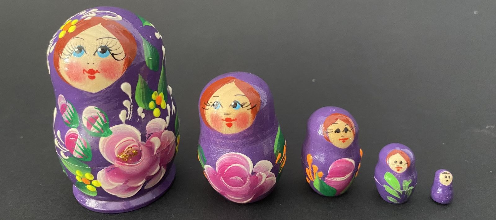 Miniature Purple Rose & Glitter Nesting Dolls – 5 Nested Set - 55mm