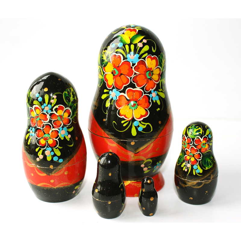 A 5 Nested set of Artists Matryoshka, black dress & scarf - red sleeves - three flowers