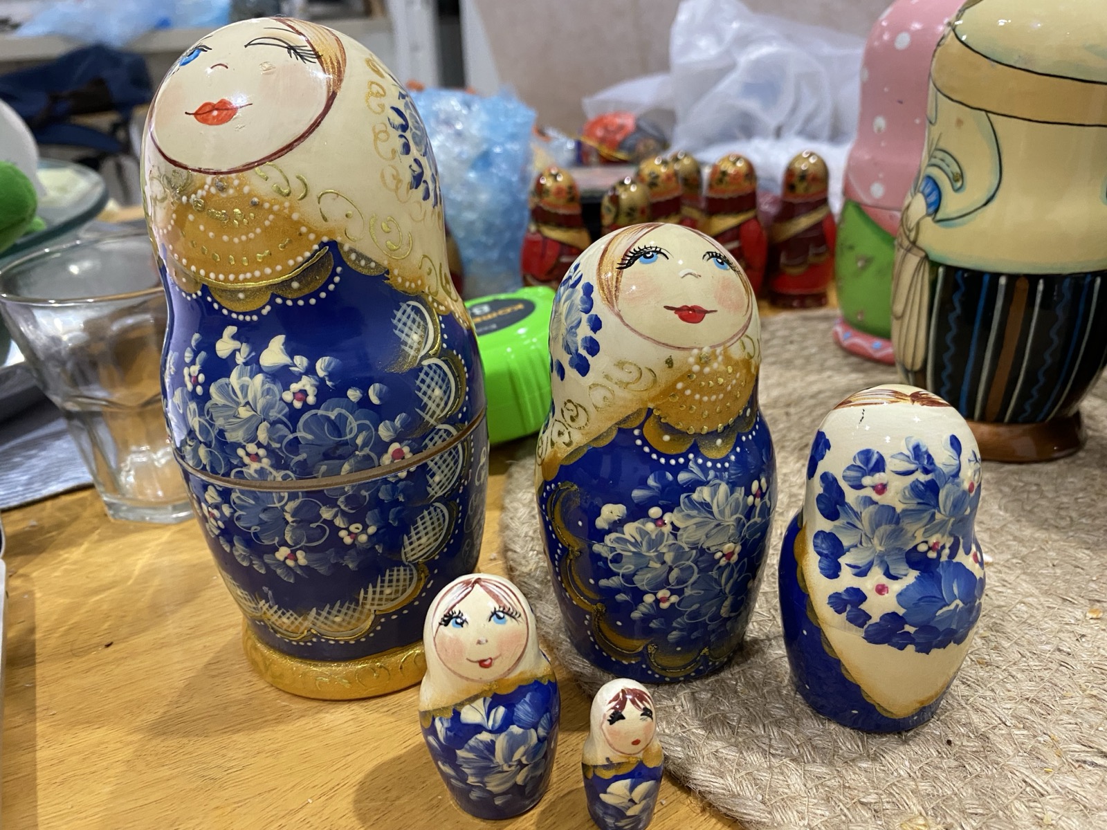 Kudryavtseva Gzhel Blue & Gold Nesting Dolls - 5 Nested Set
