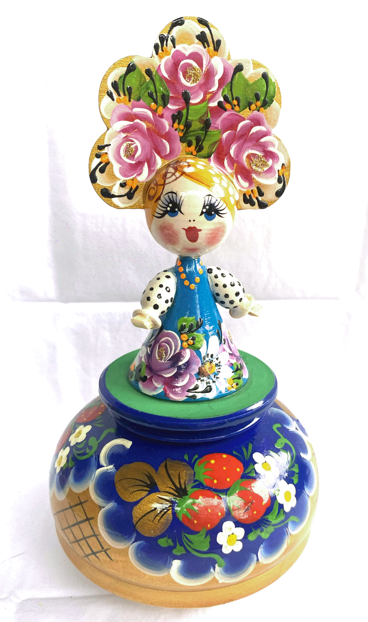 Russian Hand-Painted Wooden Music Box with Folk Maiden Figurine