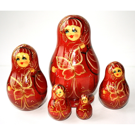 A 5 Nested set of Artists Matryoshka, crimson girl with butterfly