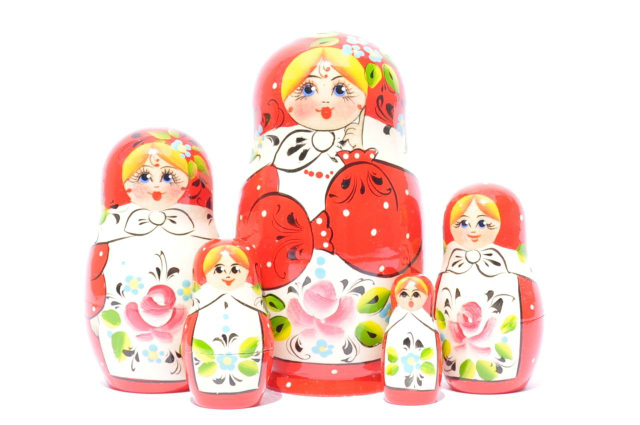 A 5 Nested set of Artists Matryoshka, Red w flower/apron
