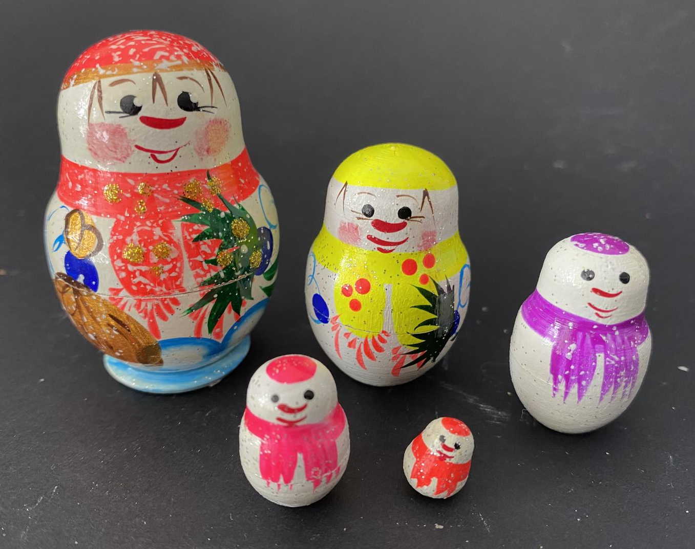 Miniature Colourful Snowman Nesting Dolls – 5 Nested Set