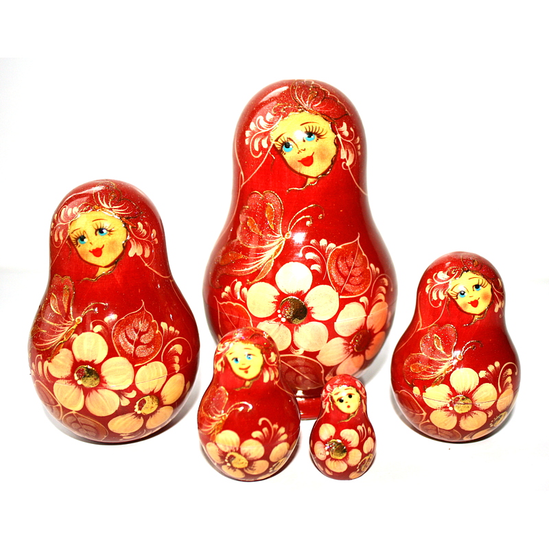 A 5 Nested set of Artists Matryoshka, pink girl with butterfly above two white flowers #647