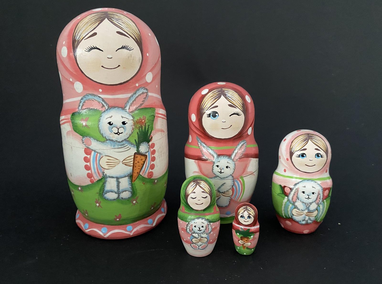 Girl with Bunny Nesting Dolls signed by N.G. - 5 Nested Set