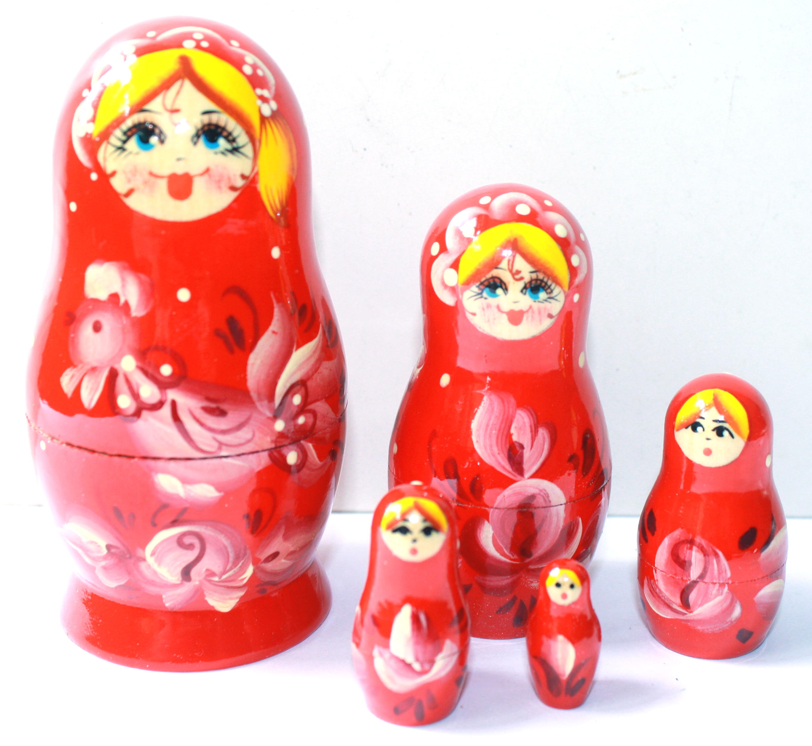 Artists Matryoshka Red girl with Pink rooster (5 nested set)