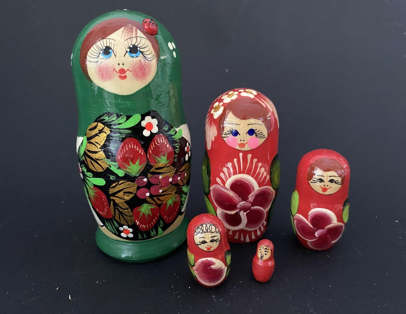 Strawberry & Floral Matryoshka Nesting Dolls – 5 Nested Set