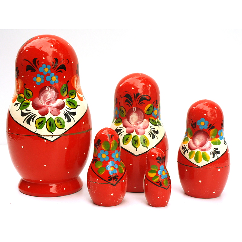 Artists Matryoshka Red girl with flowers & apron (5 nested set)