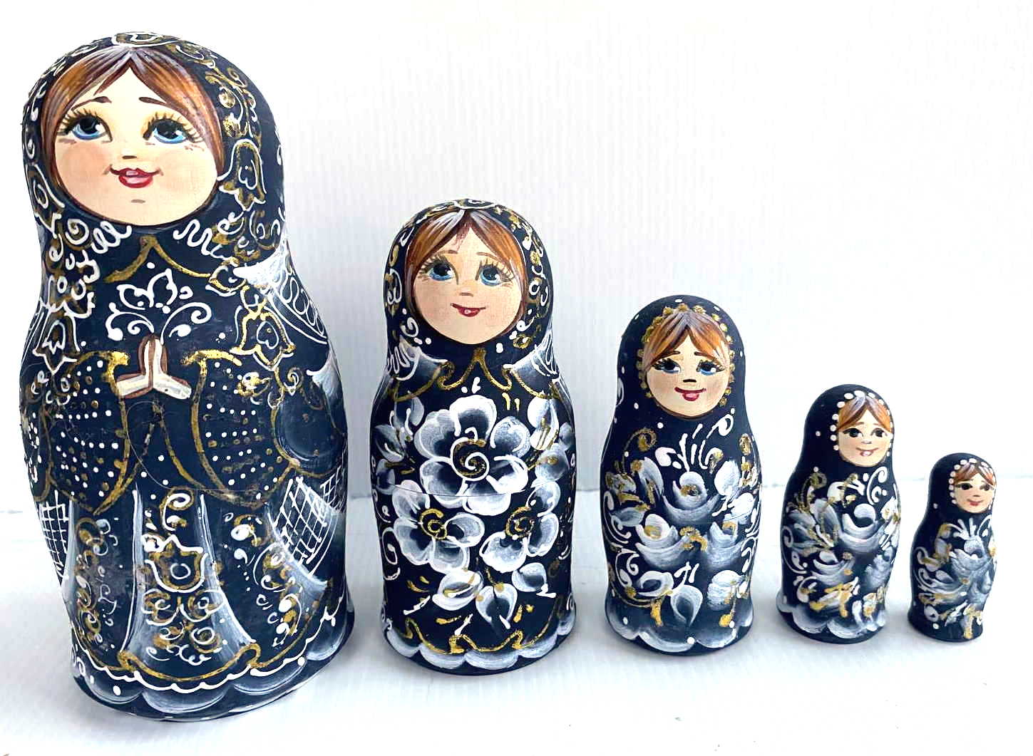 Morozova Midnight Blue & Gold Floral Nesting Dolls - 5 Nested Set