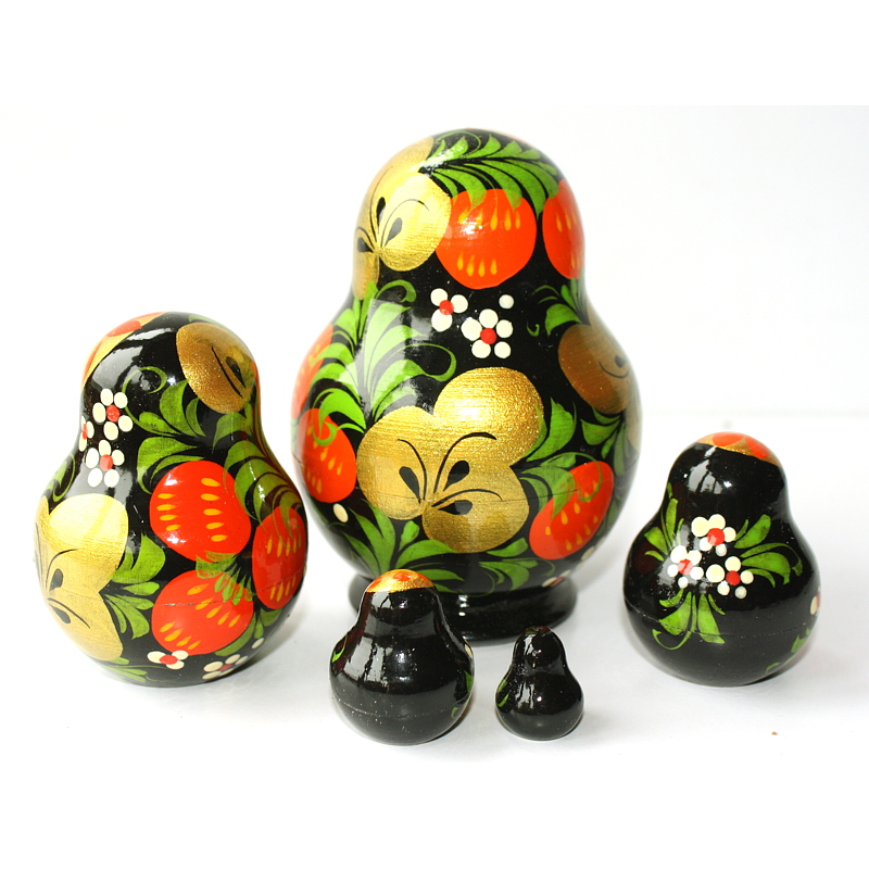 Artists Matryoshka blond with strawberries in Artists Matryoshka black & red (5 nested set)