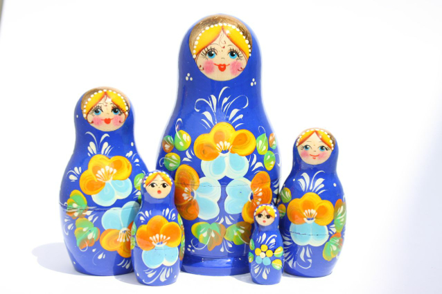 A 5 Nested set of Artists Matryoshka, Blue Girl w'flowers