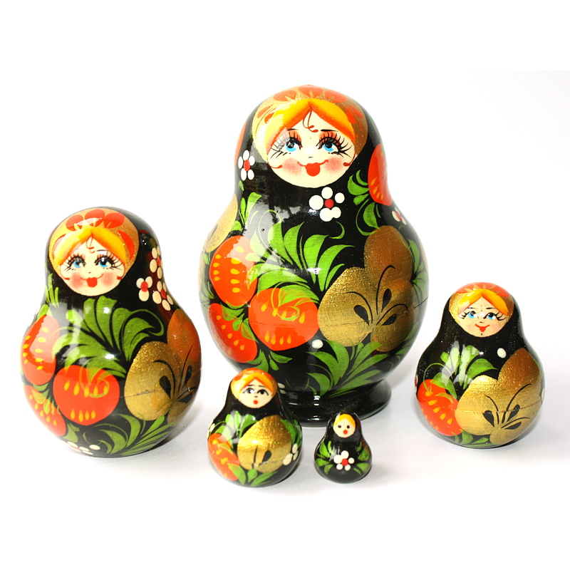 Artists Matryoshka blond with strawberries in Artists Matryoshka black & red (5 nested set)