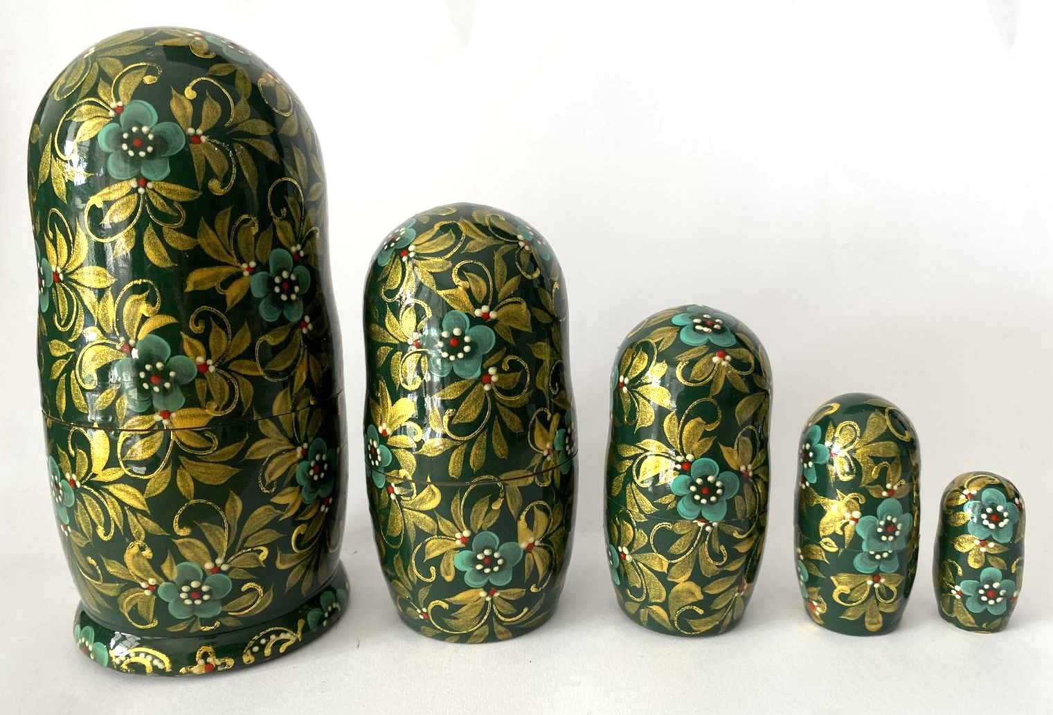 Deep Green & Gold Floral Nesting Dolls - 5 Nested Set, Initialled N.S.