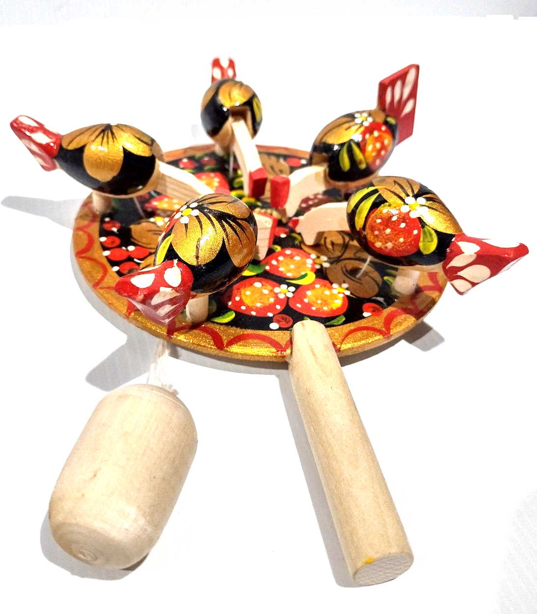 Bogorodsky Toy - Pecking Hens, Five Black Hens, Rowan & Gold