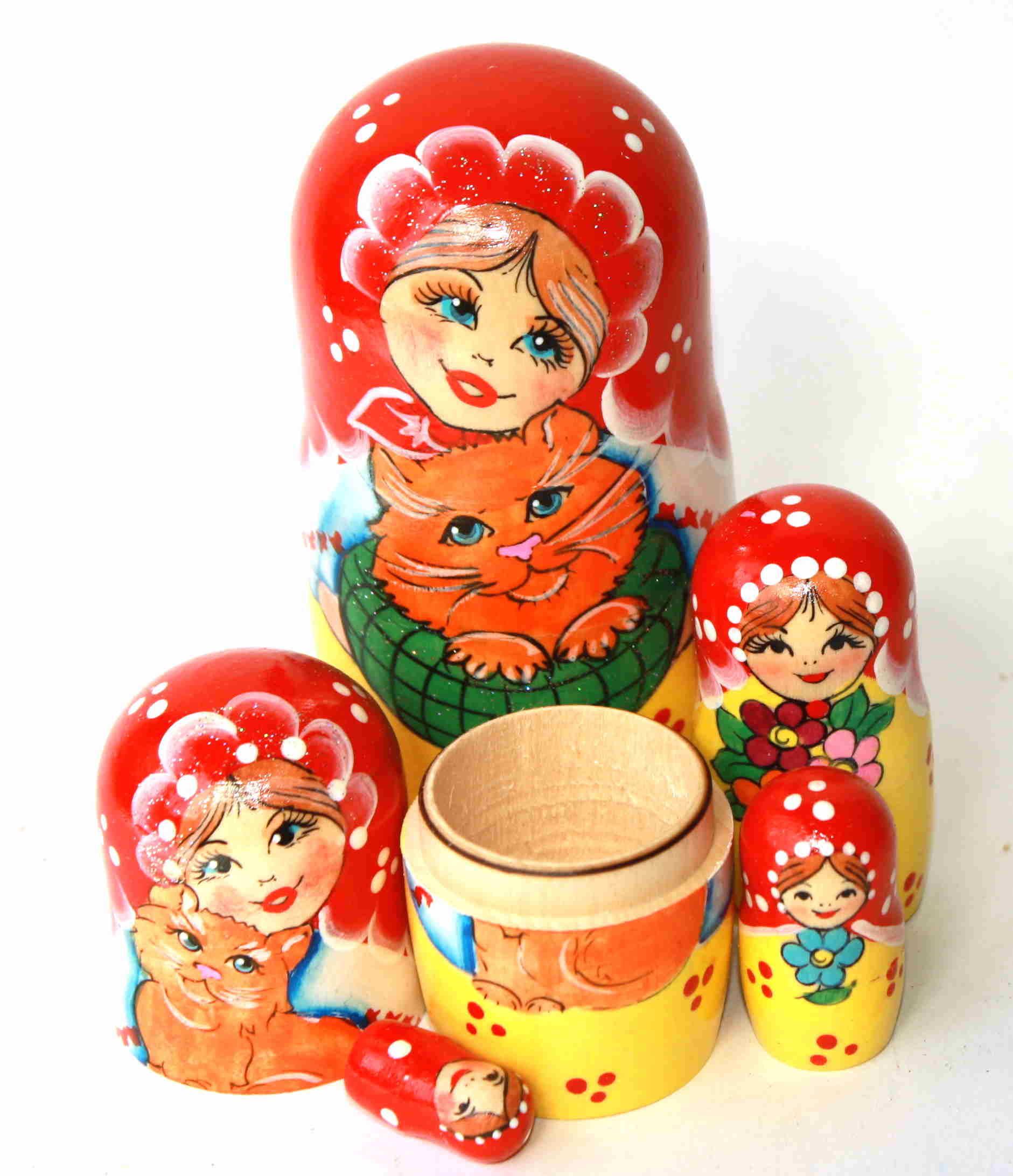 Yellow Matryoshka with red scarf and cat 5 nested set