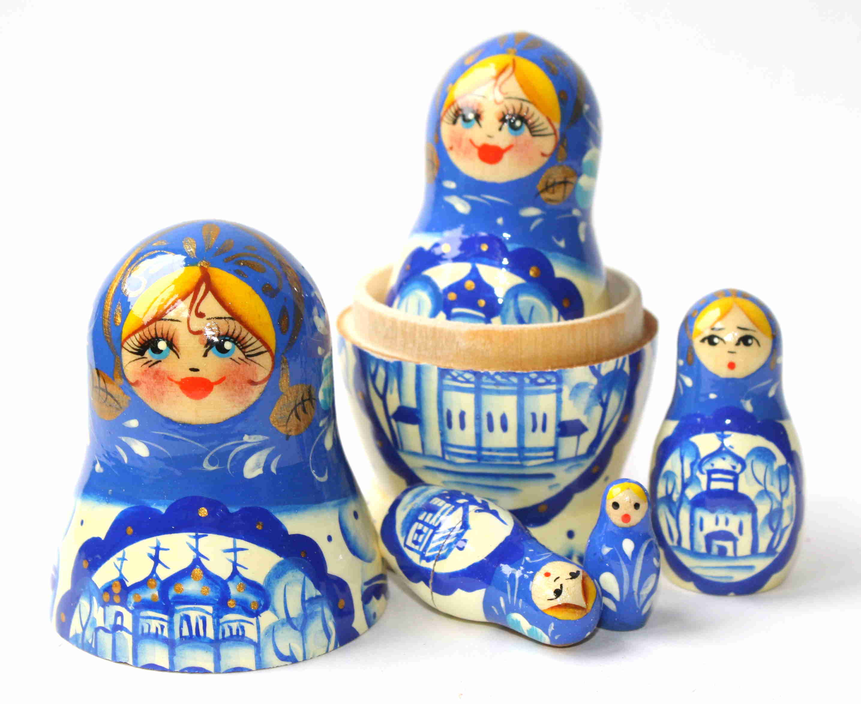 White Matryoshka with blue shawl and monastry 5 nested set