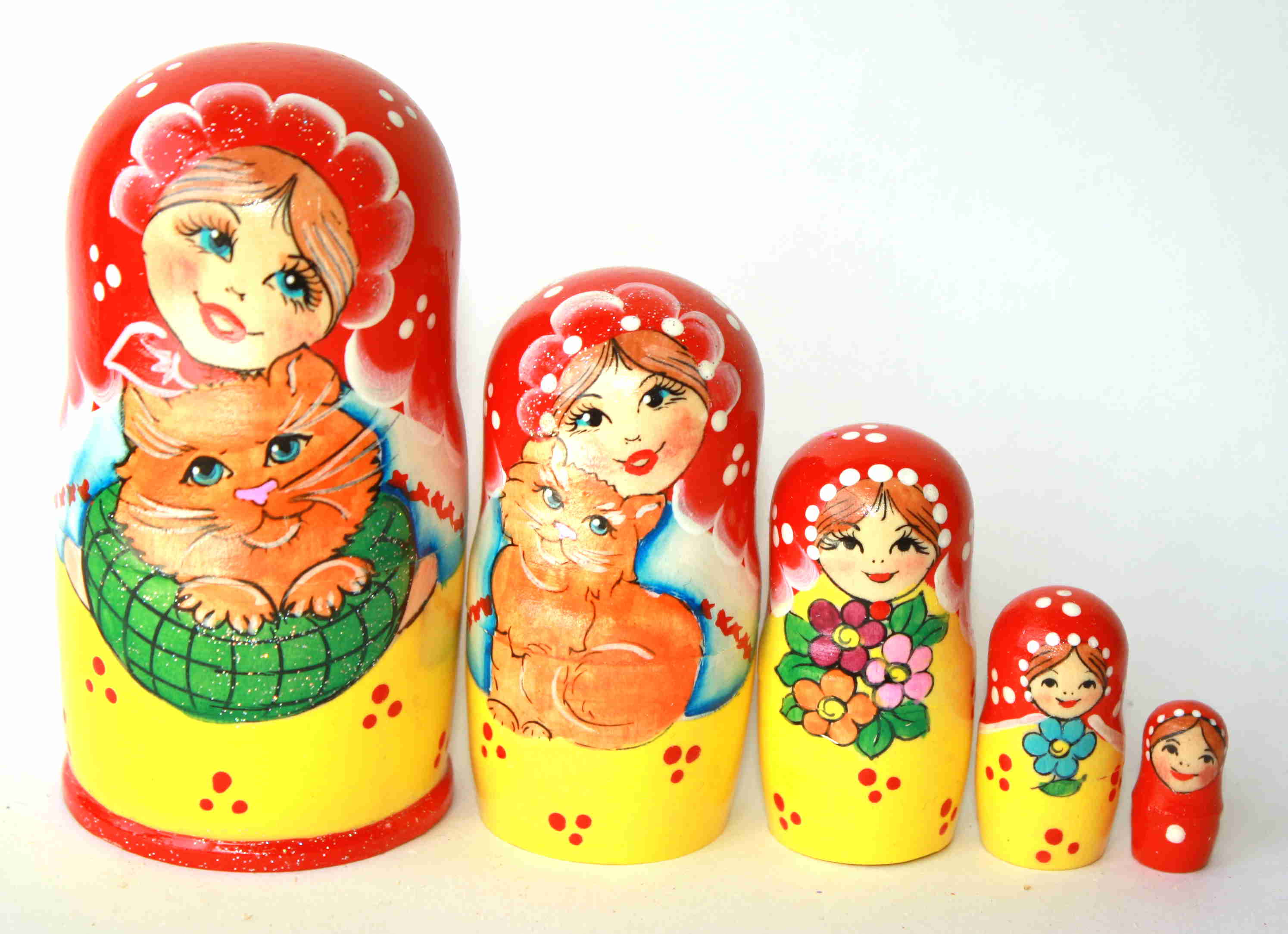 Yellow Matryoshka with red scarf and cat 5 nested set