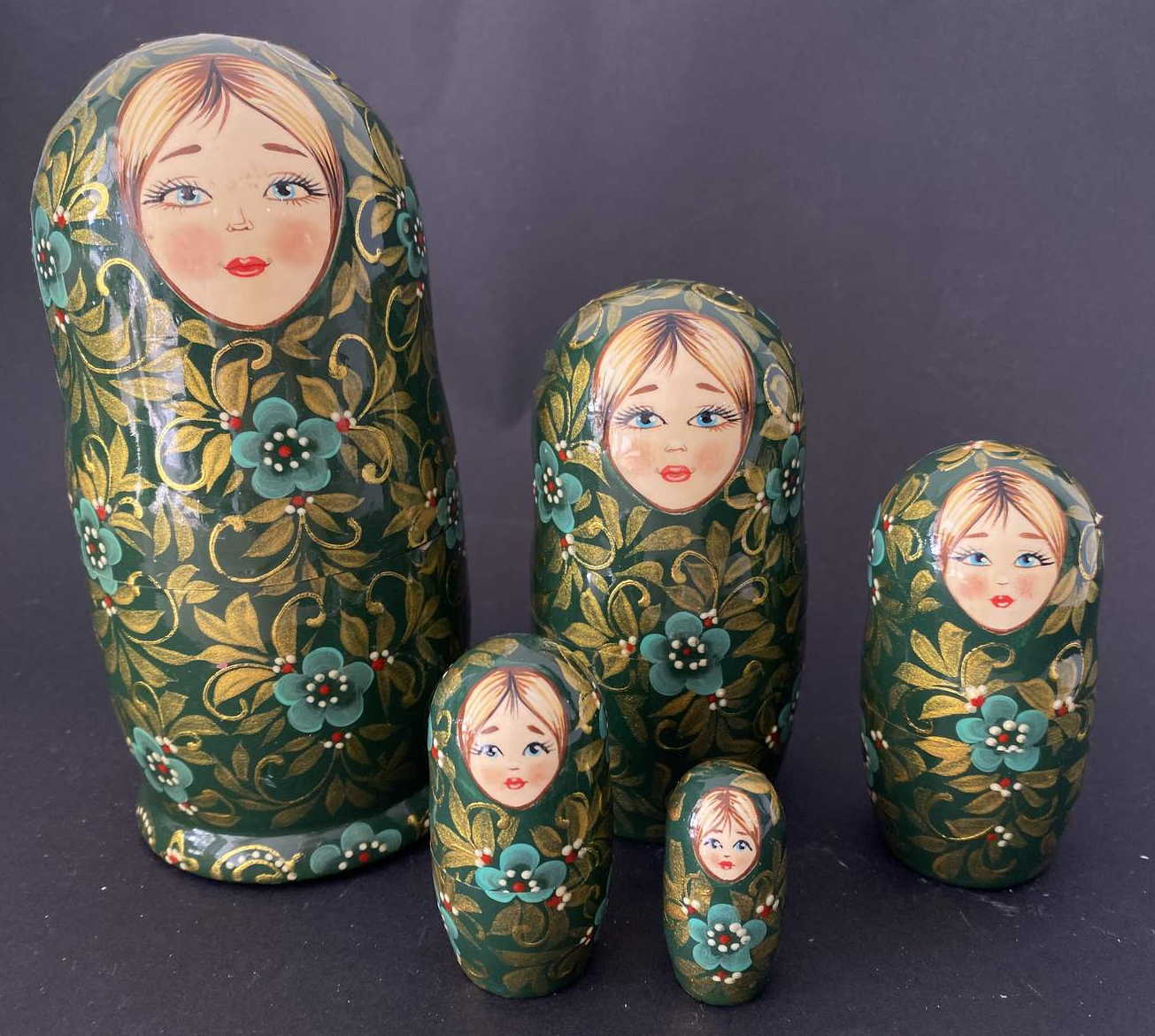 Deep Green & Gold Floral Nesting Dolls - 5 Nested Set, Initialled N.S.