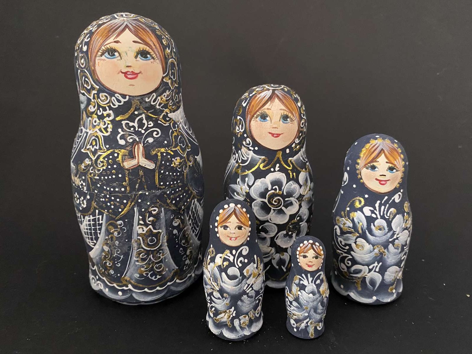 Morozova Midnight Blue & Gold Floral Nesting Dolls - 5 Nested Set