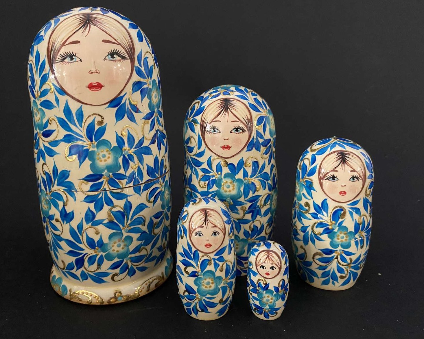 Blue & White Floral Nesting Dolls - 5 Nested Set, Initialled N.S.