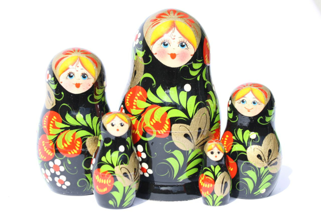 A 5 Nested set of Artists Matryoshka, Black girl with strawberries blonde hair