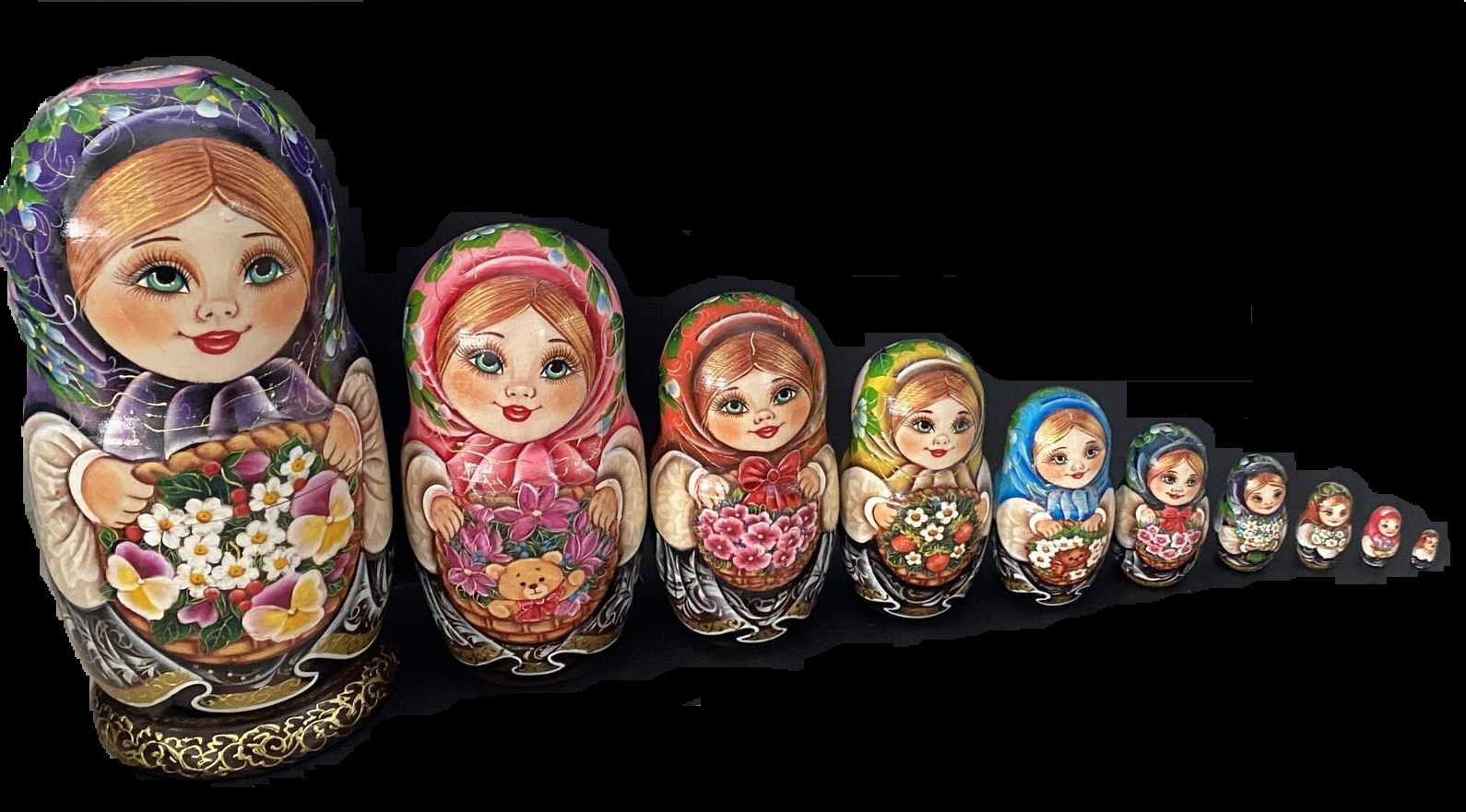 Artist Matryoshka Girl with Flower Basket – 10 Nested Set
