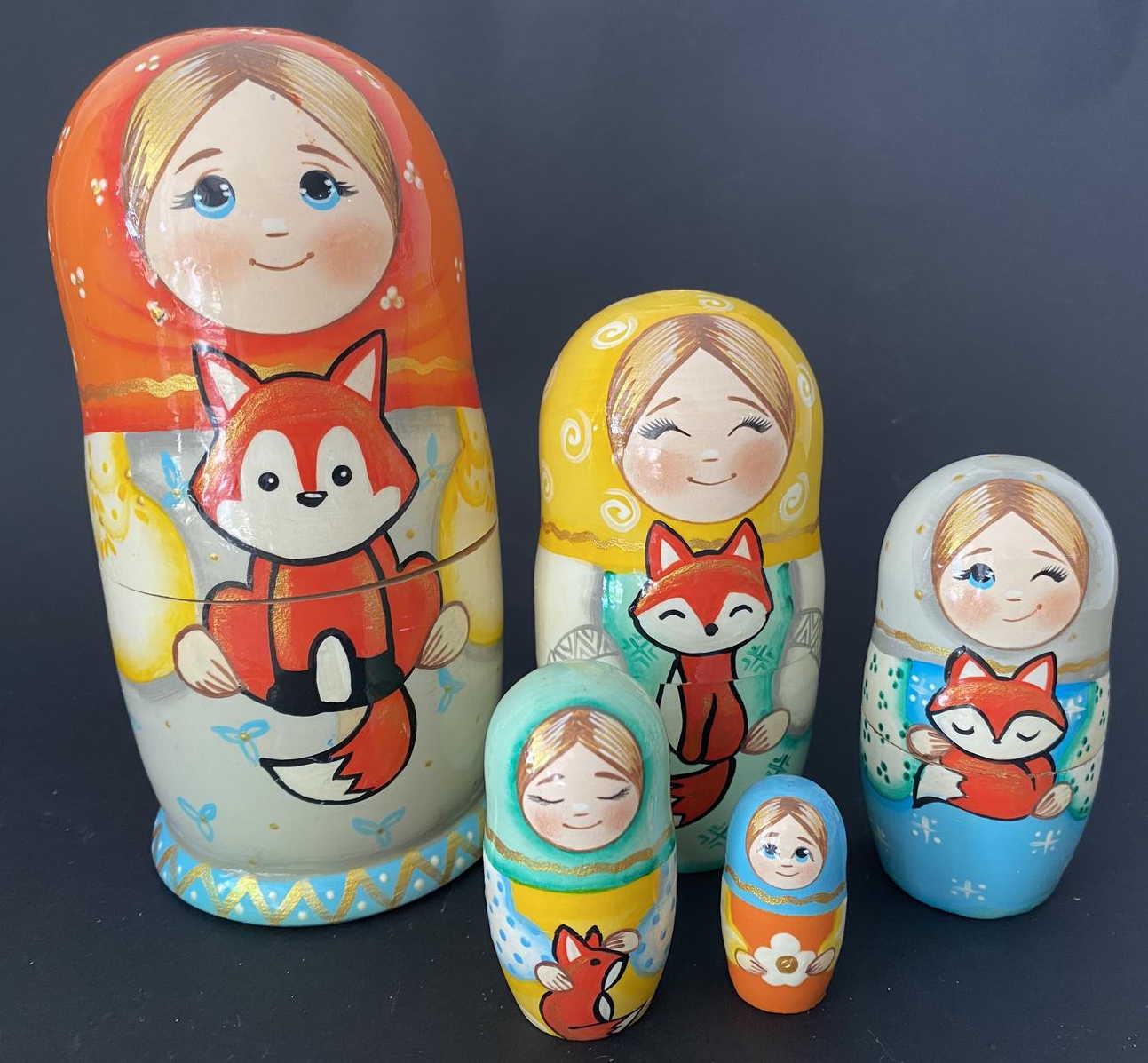 Fox & Friends Nesting Dolls - 5 Nested Set, Signed О.S.