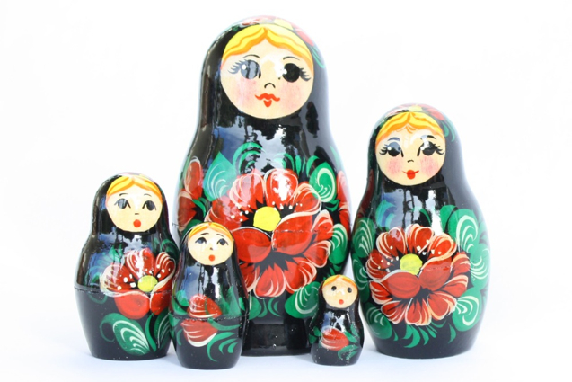 A 5 Nested Set of Vyatka Matryoshka, Black & Red flowers