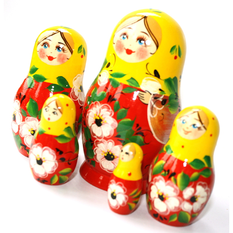 A 5 Nested set of Artists Matryoshka, Red/yellow/white