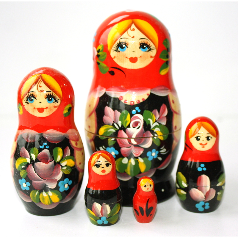 Artists Matryoshka black with zhostova flowers & red scarf (5 nested set)