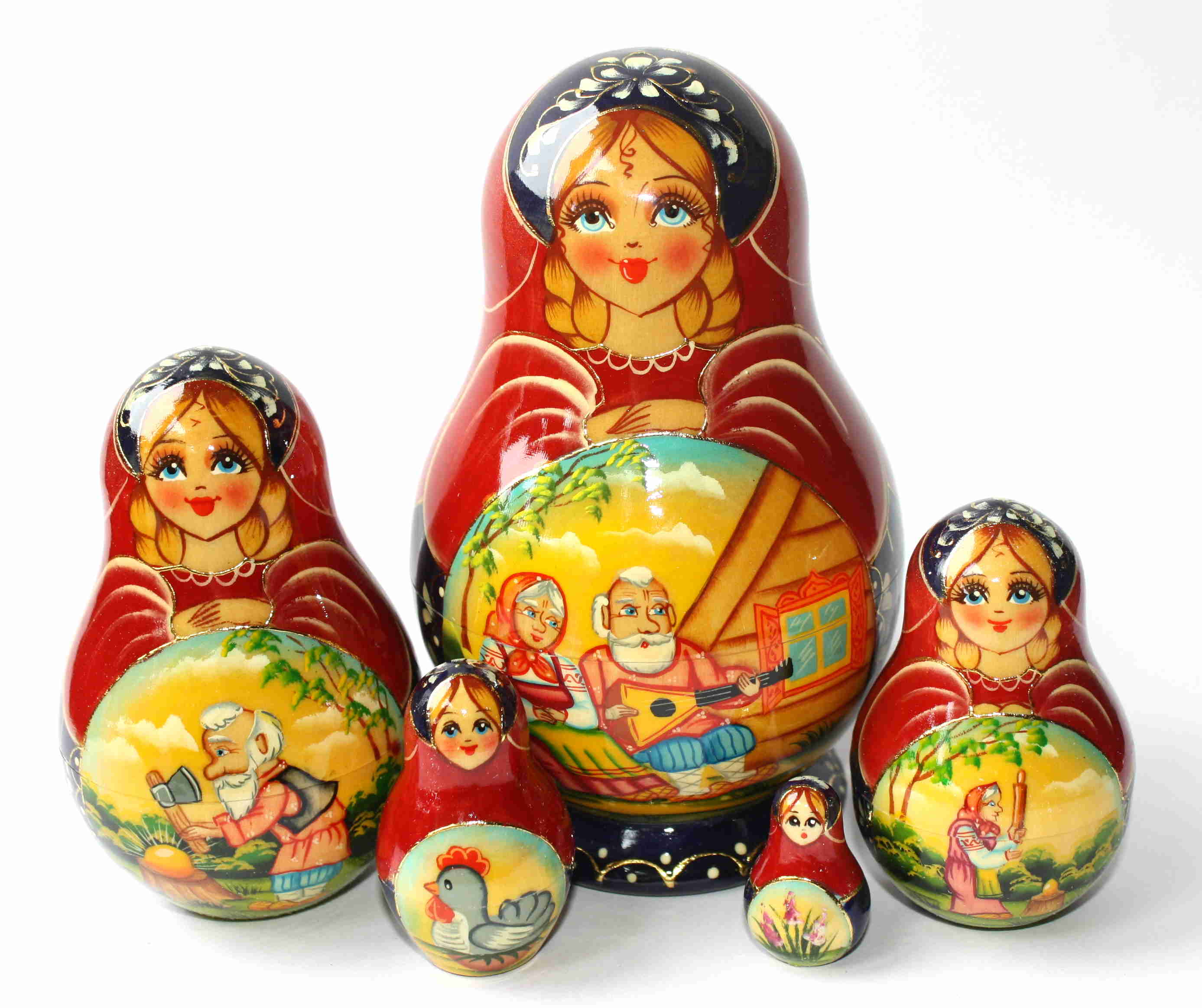 Russian Folk Tale Matryoshka - Balalaika & Ryaba the Hen - 5 Nested Set