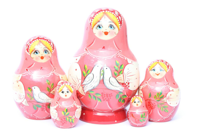 A 5 Nested set of Artists Matryoshka, Pink woman with two Doves