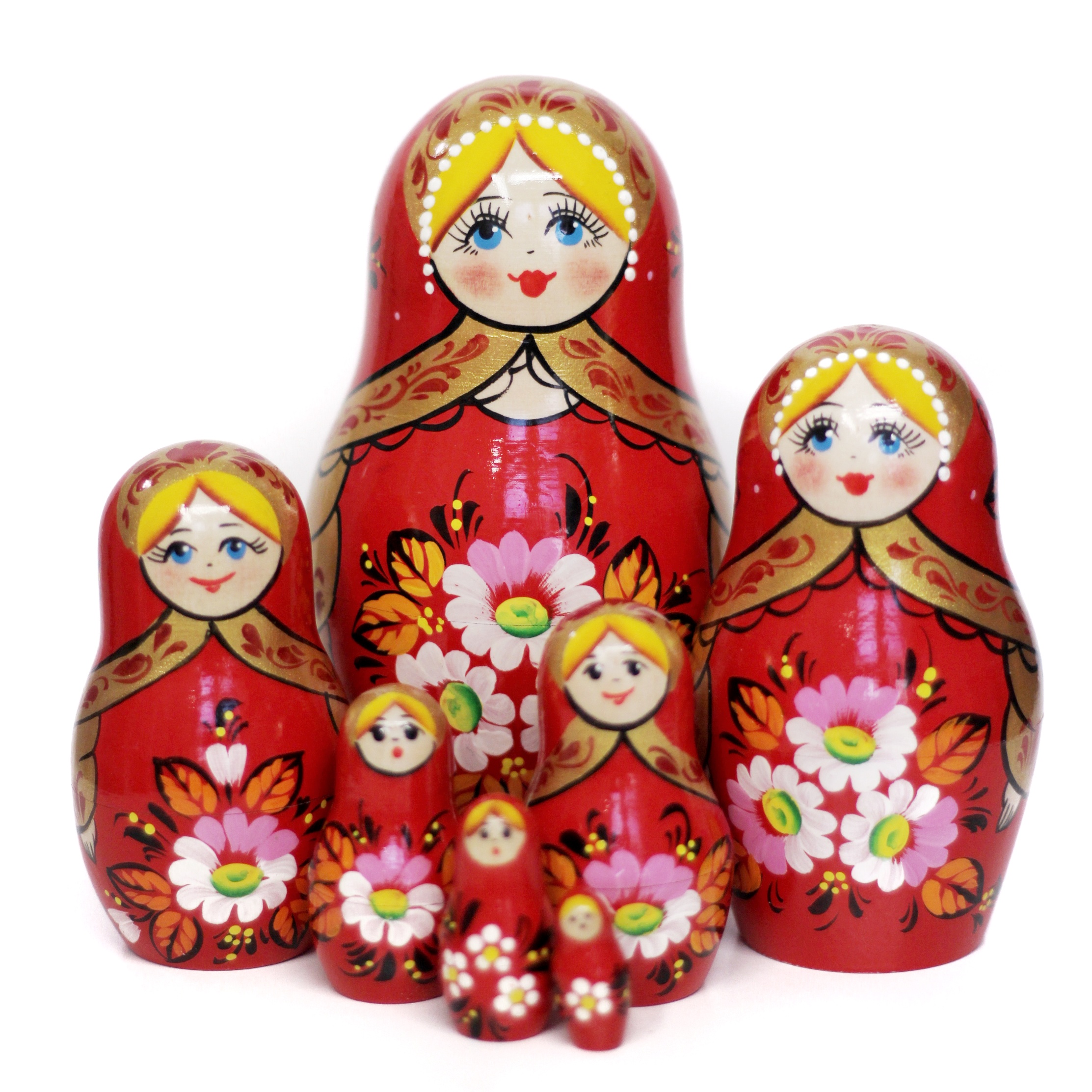 A 5 Nested set of Artists Matryoshka, Red Girl with 3 white/pink flowers