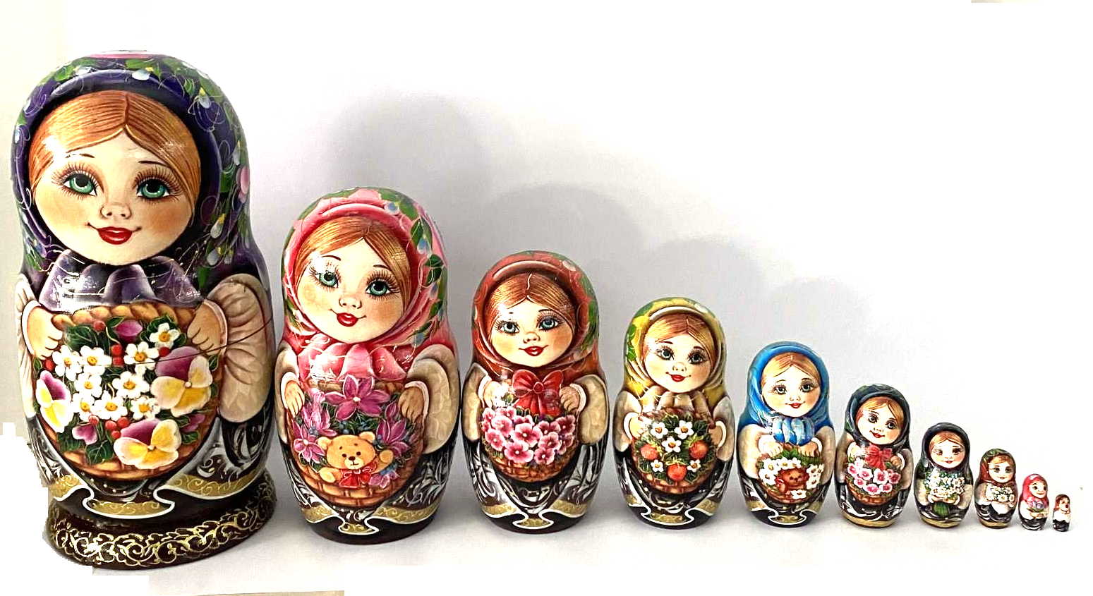 Artist Matryoshka Girl with Flower Basket – 10 Nested Set