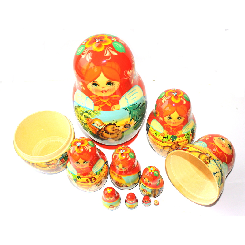A 10 Nested set of Artists Matryoshka, bear with Girl in sack