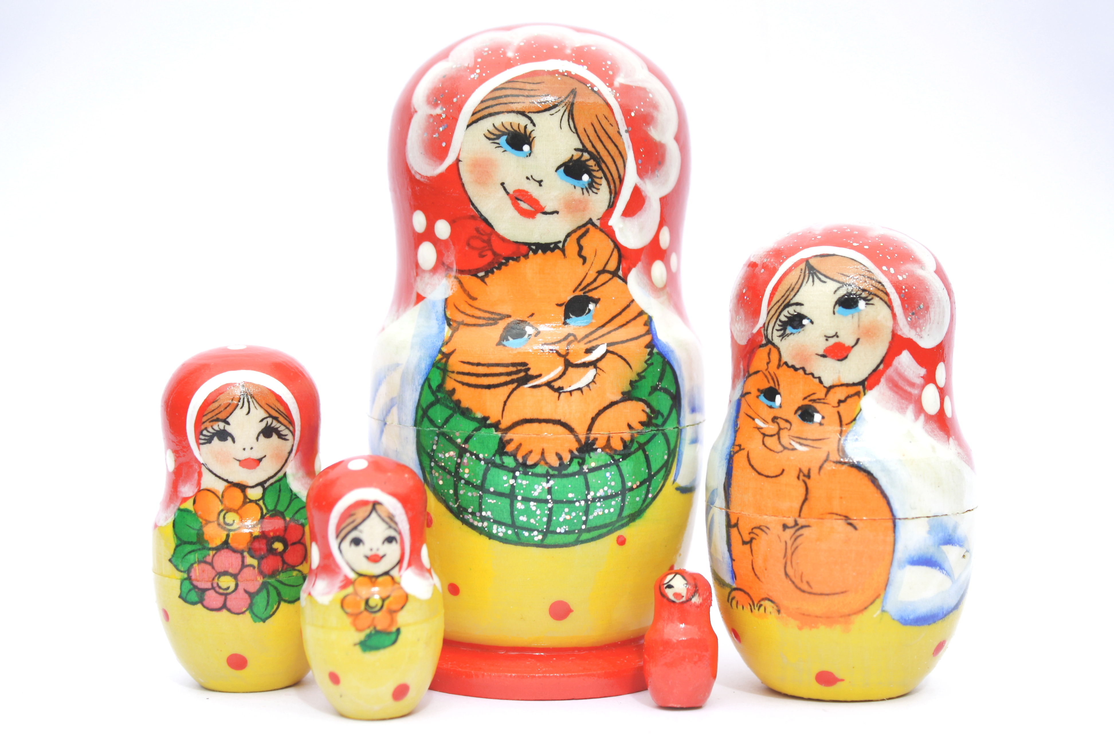 A 5 Nested set of Artists Matryoshka, Yellow with red scarf and cat