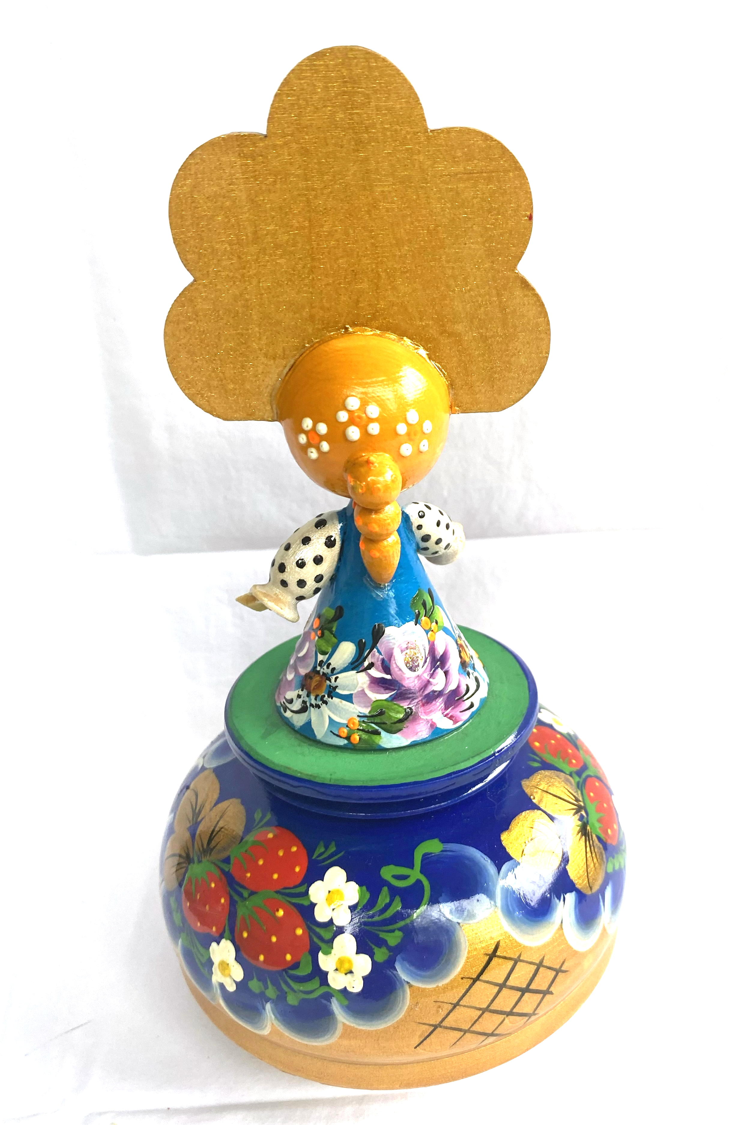 Russian Hand-Painted Wooden Music Box with Folk Maiden Figurine