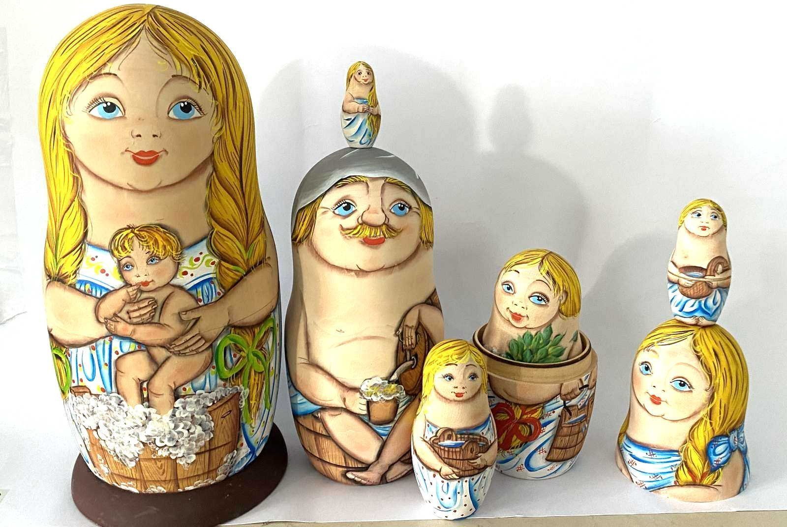 Russian Banya Matryoshka – Artist Signed – 7 Nested Set