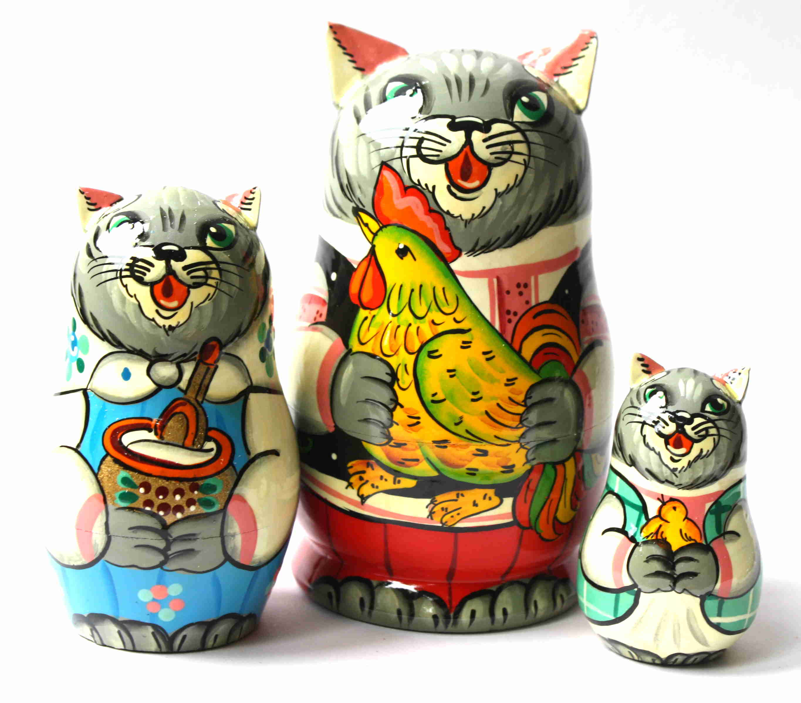 Artists Matryoshka Cat Rooster in red and pink waist coat (3 nested set) 
