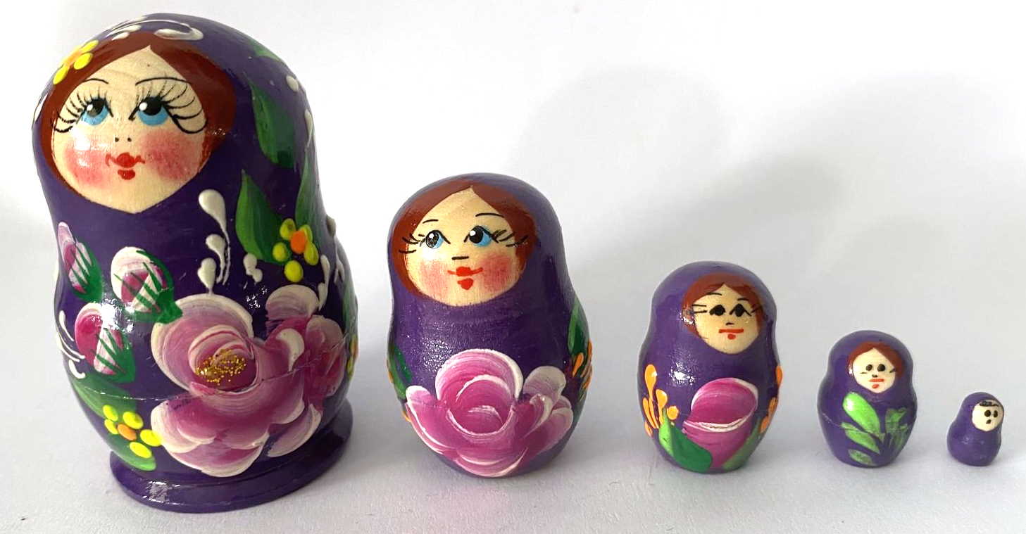 Miniature Purple Rose & Glitter Nesting Dolls – 5 Nested Set - 55mm