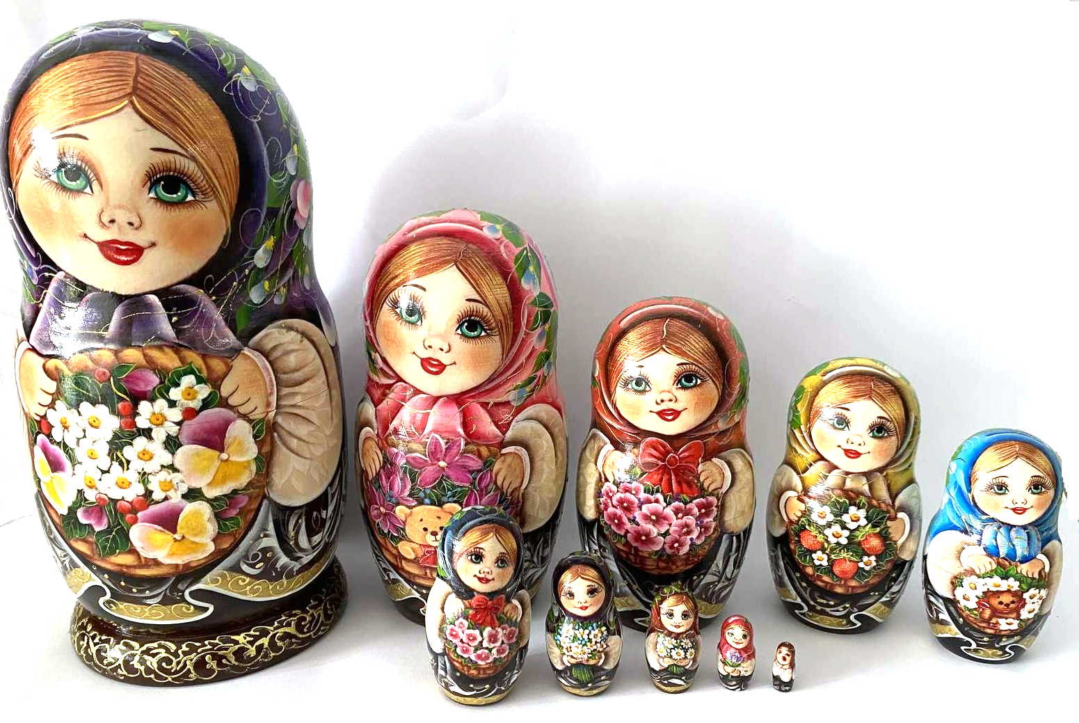 Artist Matryoshka Girl with Flower Basket – 10 Nested Set
